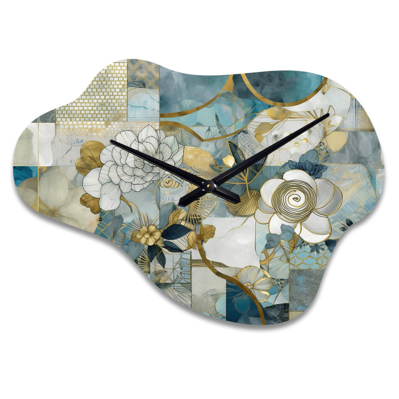 Horloge murale en métal doré bleu avec motif floral II, Petit