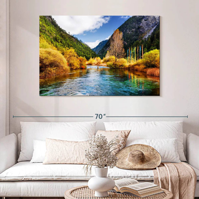 Paysage fluvial d'automne de Jiuzha, H 32 po x l 48 po