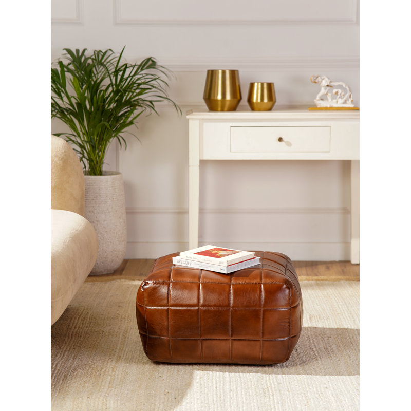 Pouf carré géométrique en cuir de chèvre fabriqué à la main 21 po x 21 po x 12 po (bourre de coton recyclé) couleur brun PF23