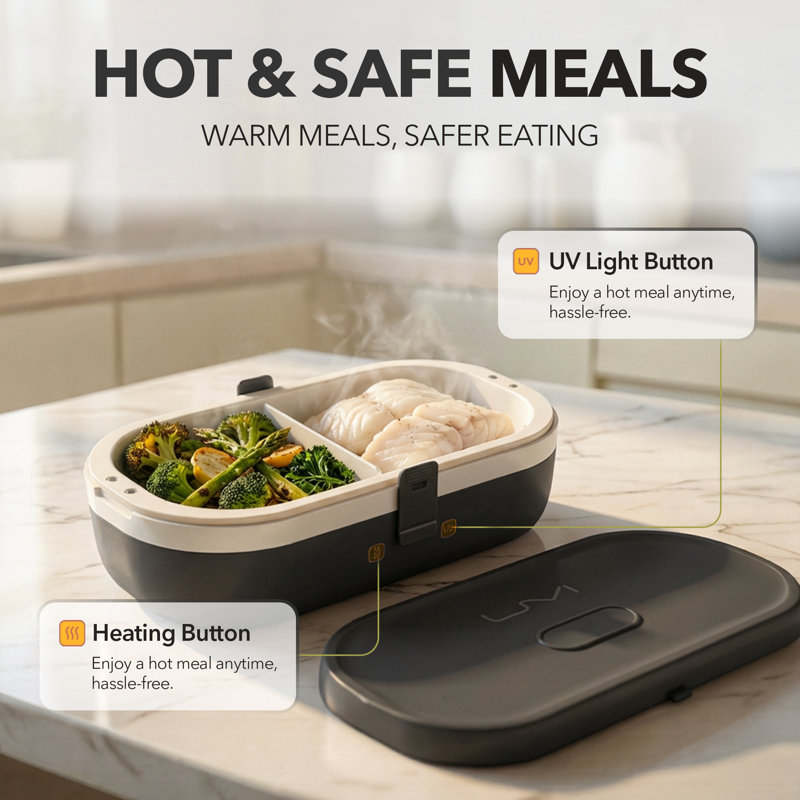 UVI Plus – SELF-HEATING LUNCH BOX WITH USB-C CORD AND UV LIGHT SANITIZER, Black