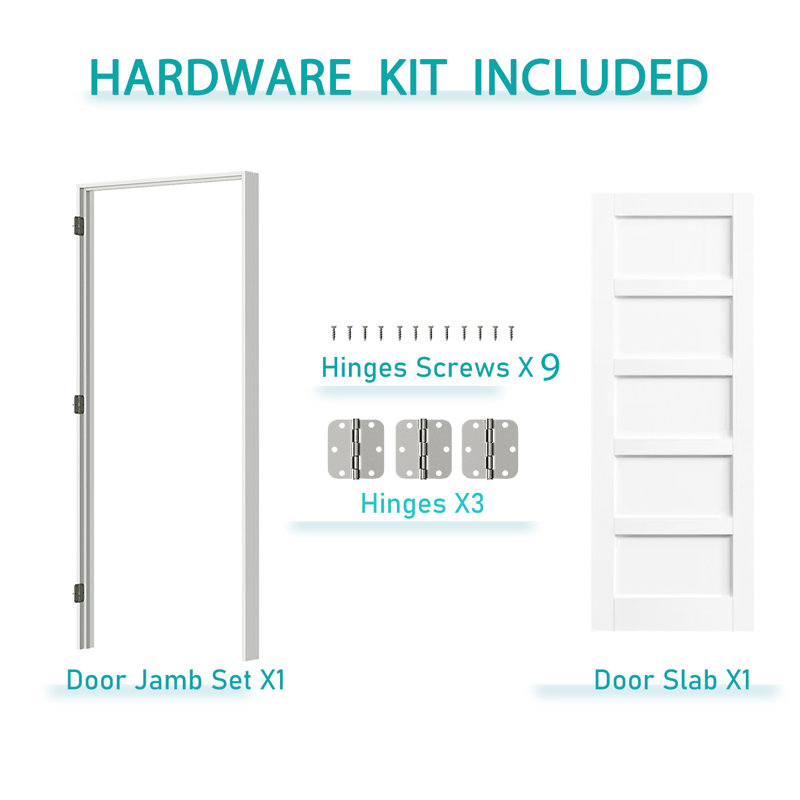 Interior Door Slab with Frame - 5 Panel Shaker Style White MDF Door, Prehung-Style Door Kit with Pre-installed Hinges, Locking Silver Handle Included, No Pre-drilled Holes