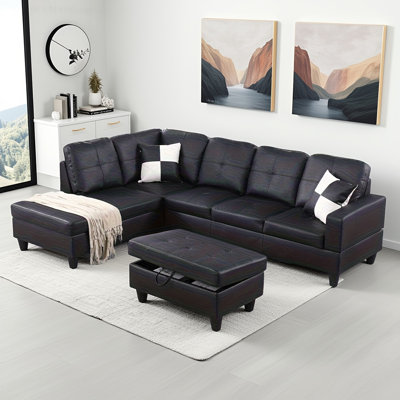 Ensemble de canapé de salon en similicuir noir (3 pièces S + C + O) avec repose-pieds de rangement et structure en bois massif