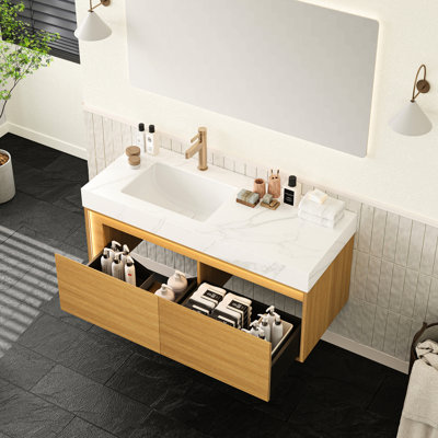 Meuble-lavabo blanc en pierre frittée blanche 48 po, lavabo sous-comptoir en céramique, unité de tiroir en contreplaqué ultra-mince en grille, tiroirs avec éclairage à détection automatique par DEL, ensemble préassemblé