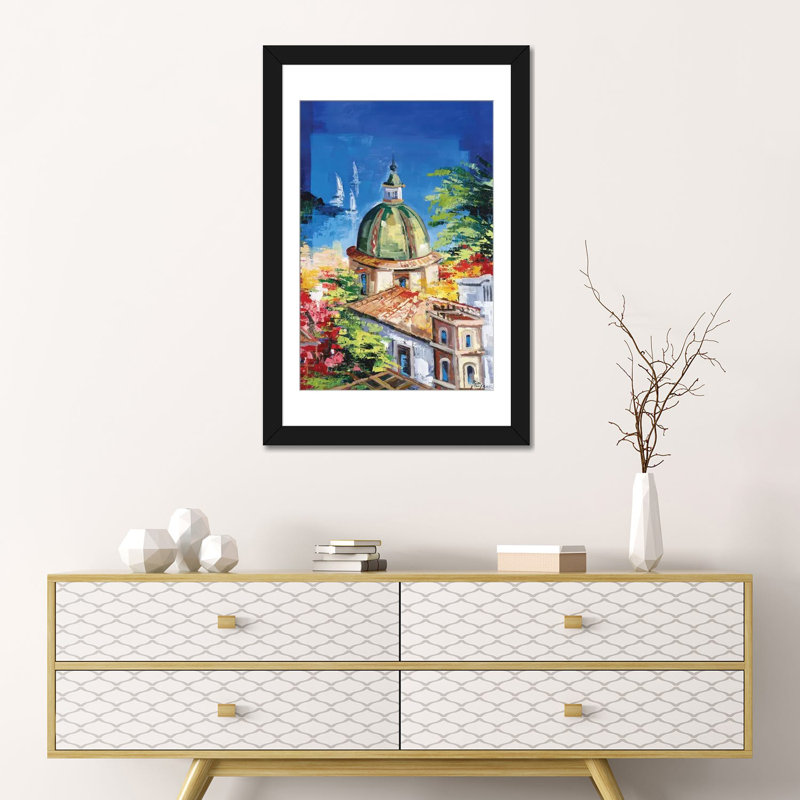 « positano », reproduction sur toile, Papier d'art encadré noir, Blanc, H 32 po x l 24 po x P 1 po