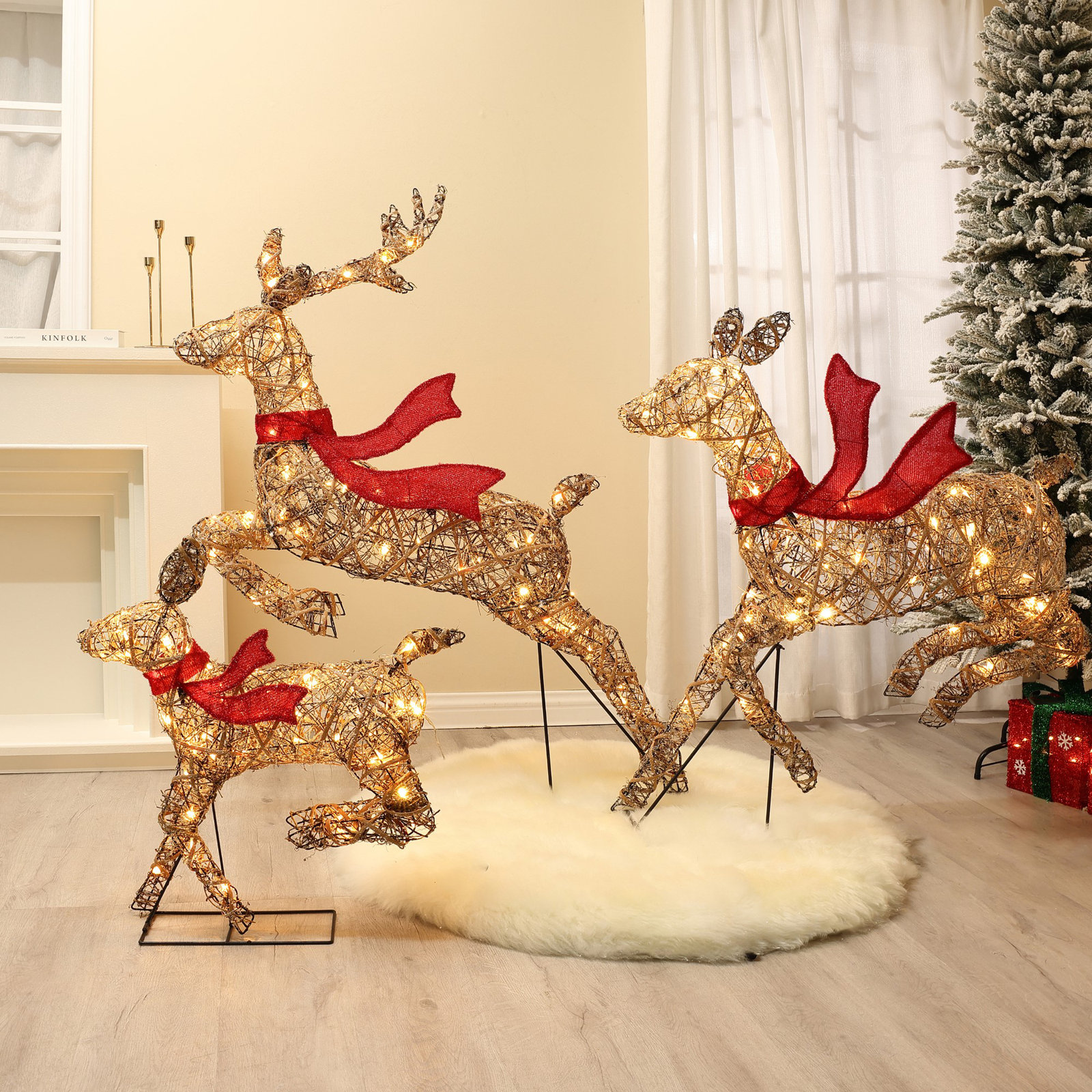 Lighted Rattan Running Reindeer Set, 52.4in H x 33in W x 18in D, Brown/Red