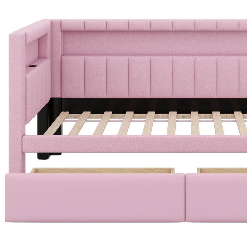 Lit de jour simple tapissier avec tiroirs et ceinture USB / à DEL, lit d'angle avec tiroirs, Rose
