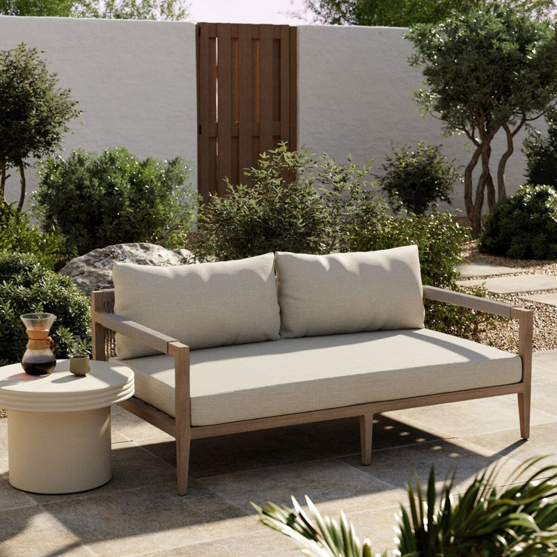 Sherwood Outdoor 2 - Seat Loveseat, Solid Wood, Gray Cushion/Brown/Gray Frame