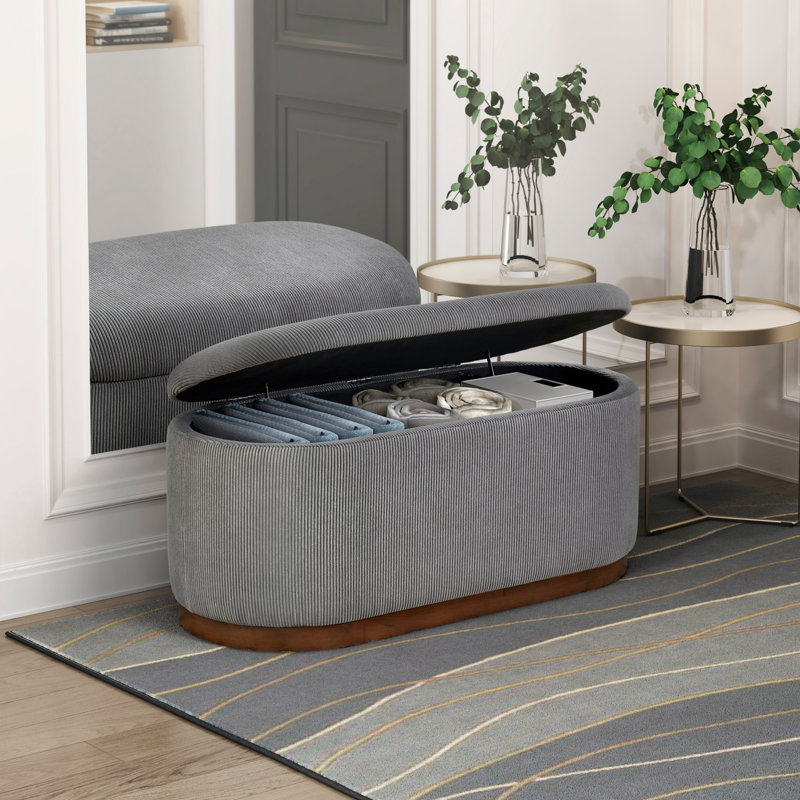 Banc de rangement à plateau relevable, banc rembourré en velours côtelé avec pieds en bois gris + contreplaqué + style Mid-Century moderne