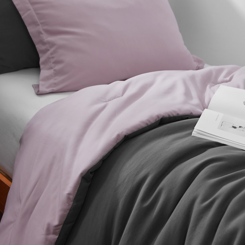 Double Brushed Microfiber Reversible Twin XL Comforter Set, Granite Gray/Violet Ice
