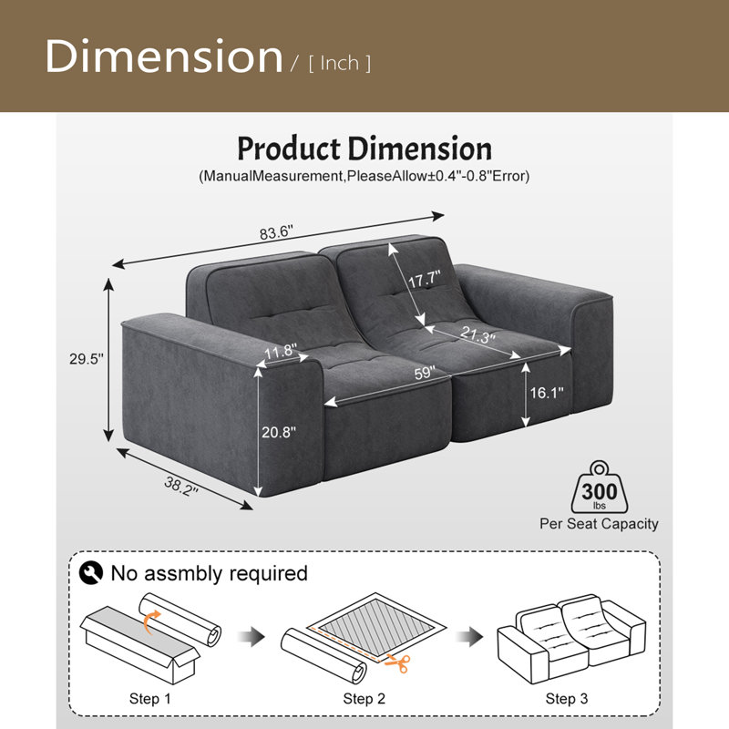 Canapé modulaire 83,6 po à 3 places avec canapé capitonné 83,6 po pour salon, Polyester gris