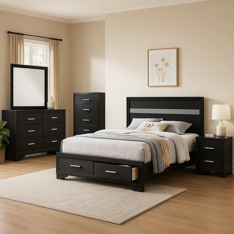 Ensemble de lit double 5 pièces avec rangement, commodes et paillettes Vino Black, Double, Noir