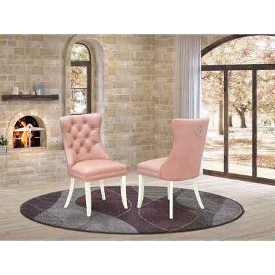 Dallas Parson Kitchen Chairs, Button Tufted Back with Nailhead Trim, Beige Red Polyester Fabric Upholstered Dining Chairs, Set of 2, Linen White