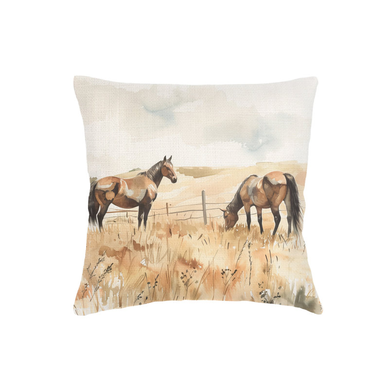 Brown Horse Pasture Linen Pillow 20x20 with Down Alternative Insert, Square 20", Pillow Cover Only - No Insert
