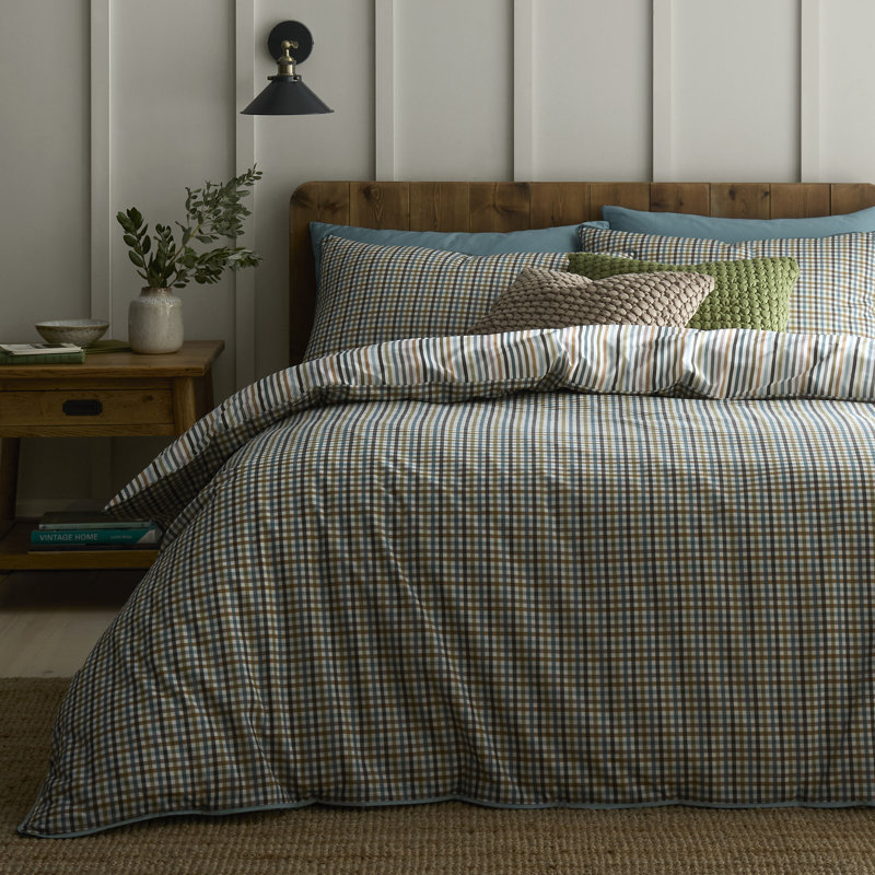 Micro Check Cotton Striped Duvet Cover Set, King Size Bed (230 x 220 cm)