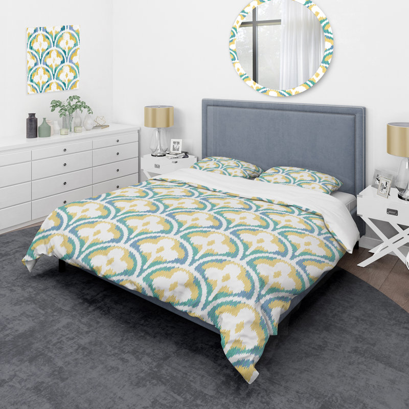 Green Ikat Ogee - Ensemble de housse de couette abstrait - Microfibre de polyester