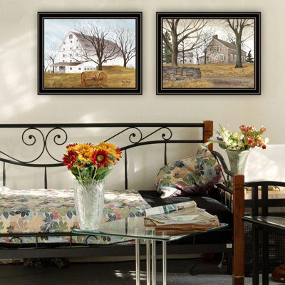 Trendy Decor 4U 2 Piece Vignette Stone Cottage Farmhouse & White Wooden Barn With Hay Rake White Framed Wall Art For Living Room, Bedroom Wall Art Print For Home Decor By Billy Jacobs