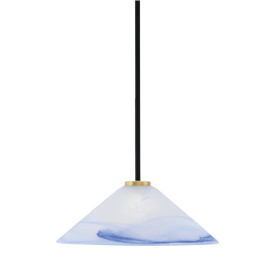 Luminaire suspendu à 1 lumière Amarmula, noir mat et laiton vieilli, verre tourbillon bleu de 16 po