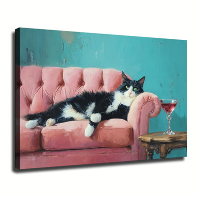 «Relaxed Tuxedo Cat On Pink Chesterfield Canapé», peinture à l'huile sur toile tendue avec grande galerie pour salon chambre à coucher