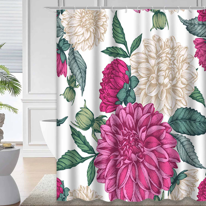 Rideau de douche imperméable à motif floral avec 12 crochets Dahlia, L 72 po x l 72 po