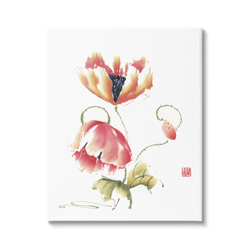 Illustration simple de pétales de fleurs oranges et roses par Nan Rae - Peinture, H 30 po x l 24 po x P 1,5 po, Toile tendue