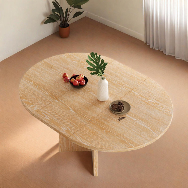 Table de salle à manger ronde en bois massif avec plateau extensible et rallonge amovible, Naturel