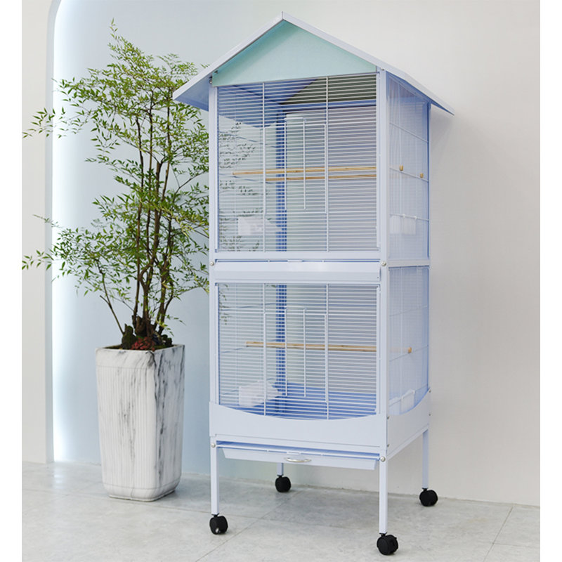 Cage à perroquet moderne en métal bleu clair à double couche avec plateau coulissant