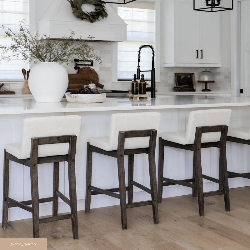 Exposed Back Upholstered Counter Stool with Solid Wood Legs, 4-Pack, Cream Boucle/Dark Brown, 4