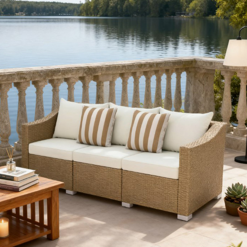 Outdoor Furniture Rattan Sofa,Rattan Wicker Seater Patio Couch with Cushions, Cream White
