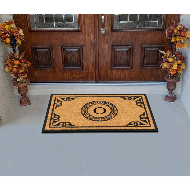 Albertina Natural Coir and PVC backing Hand Crafted by Artisans Geneva Monogrammed Floral Entry Doormat 24" x 39", O