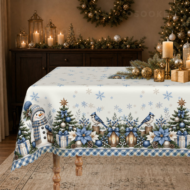 Blue Gingham Snowman Tablecloth, Merry Christmas Winter Wonderland Table Cloth, Round-60in