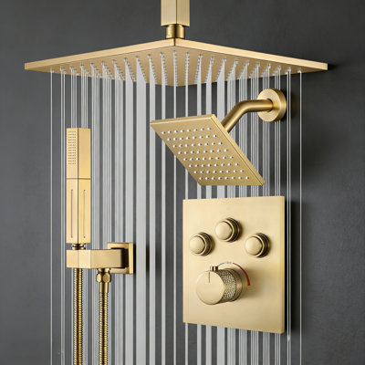 Thermostatic Shower System, Ceiling Mount 12 Inch Shower Head With 6 Inch Wall Mount Shower Head