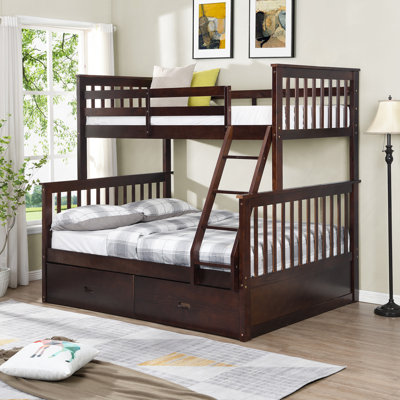 Twin Over Full Bunk Bed With Storage Drawers, Wooden Bunk Bed With Ladder And Safety Guard Rails –Espresso