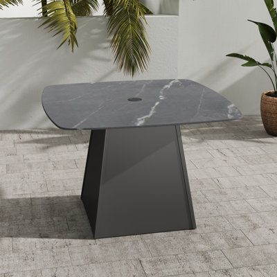 Black Sintered Stone Top Rounded Square Aluminum Outdoor Dining Table with Umbrella Hole
