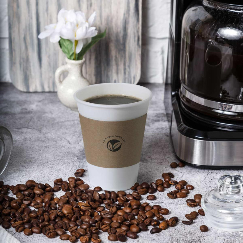 [50 Pack] 12 Oz Compostable Coffee Cups With Lids And Kraft Sleeves, Eco Friendly Disposable White Paper Cups Combo For Hot Beverage