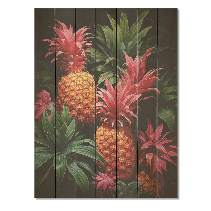 Impression d'ananas rustique rose I - ananas sur bois, H 20 po x l 10 po