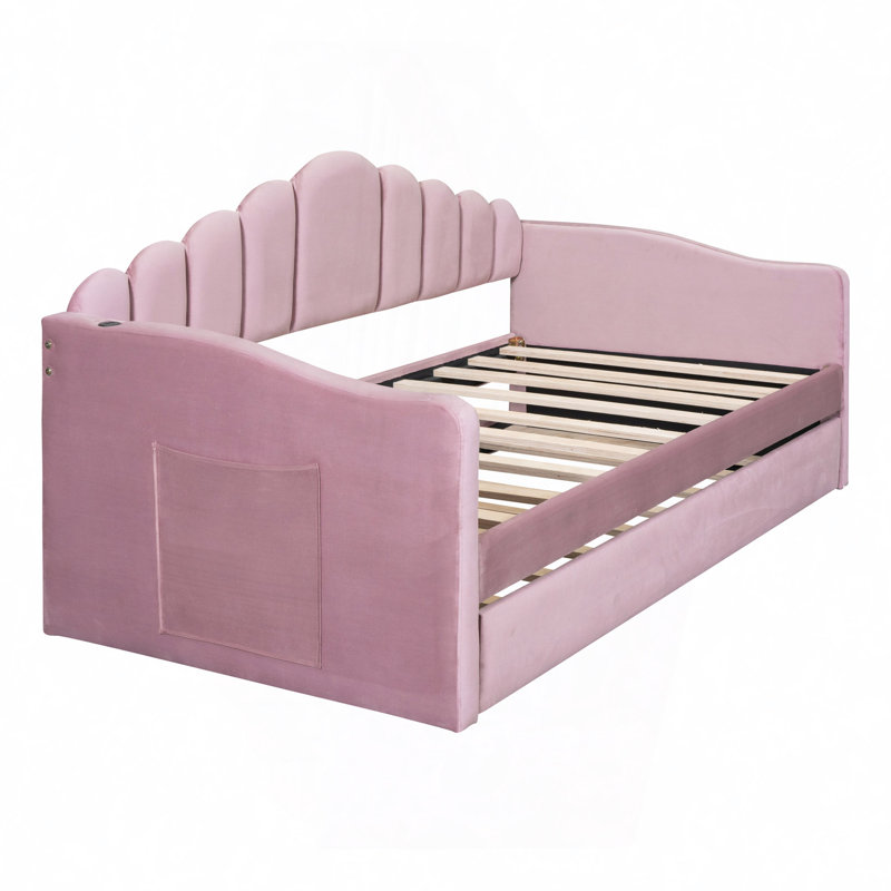 Luxurious Velvet Daybed with USB Charging and Trundle for Ultimate Comfort, Pink