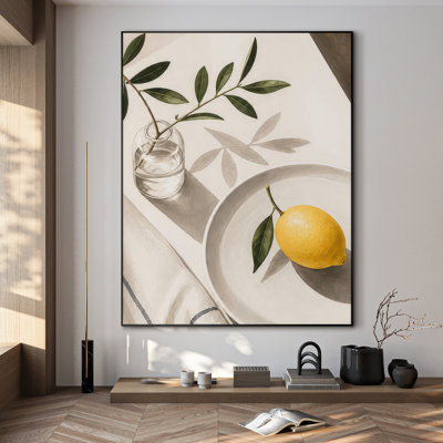 Très grand reproduction d'art sur tissu - Nature morte au citron minimaliste avec vase en verre et branche d'olivier pour le salon ou la chambre à coucher - «Assemblage requis du cadre (cadre non fini)»
