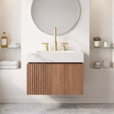 Meuble-lavabo mural 24 po en contreplaqué flottant mural en chêne brun avec plateau en pierre frittée blanc de Carrare et lavabo en céramique encastré, 2 portes avec volets à fermeture en douceur, pré-assemblé