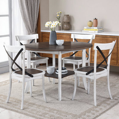 5-Piece Round Dining Set with 4 X-Back Chairs – Two-Tone Antique White & Walnut Finish, Space-Saving Kitchen Table with Lower Storage Shelf for Small