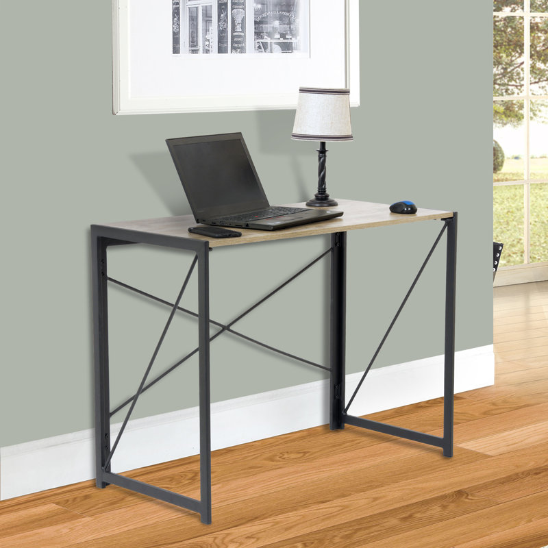 Sewn Oak Laminate No-Tool Writing Desk with Black Metal Legs