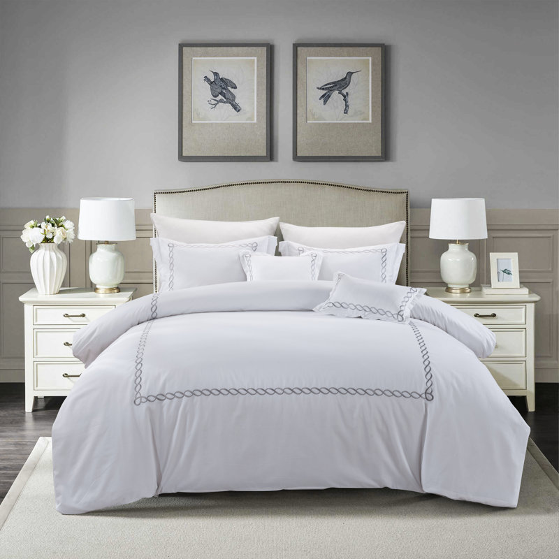Ensemble de housse de couette brodée Luxury Hotel, Housse de couette grand + 2 taies décoratives, Argent