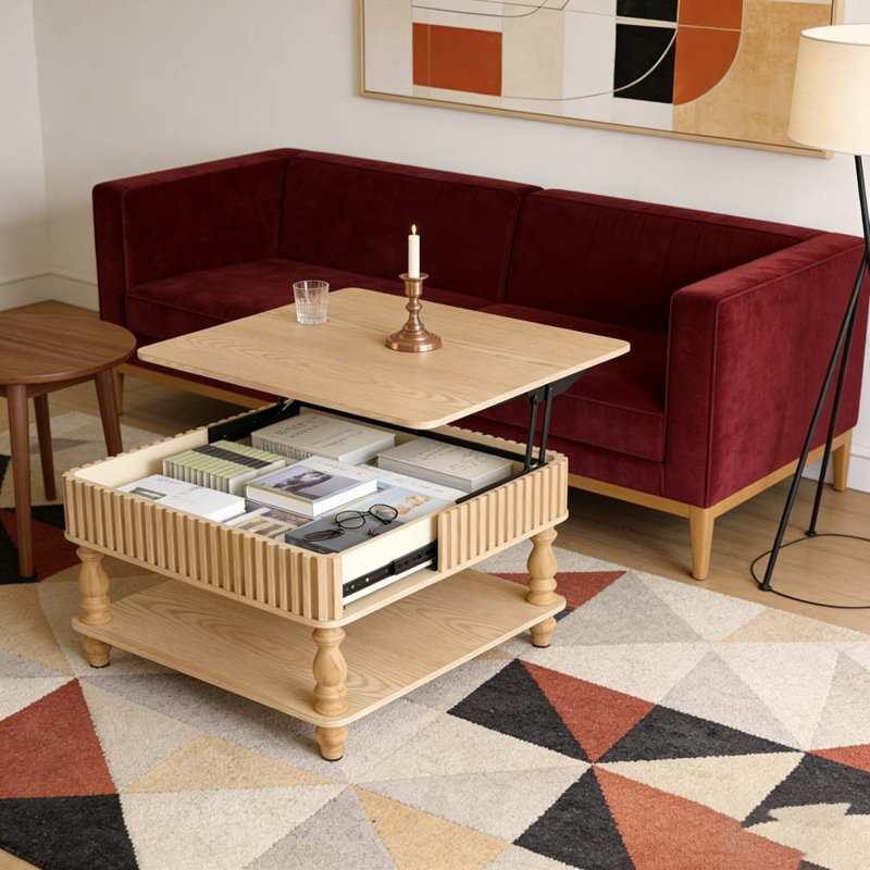 Fluted Lift-Top Coffee Table Hidden Open Storage Solid Wood Legs, Natural Wood