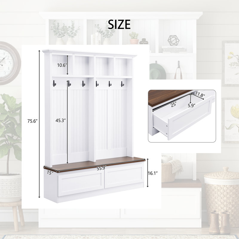 56'' W Farmhouse Hall Tree Bench - 4-in-1 Entryway Storage, 2 Drawers, Coat Rack - White , White