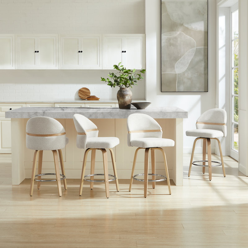 26'' Swivel Upholstered Counter & Bar Stool, White Seat/Natural Frame