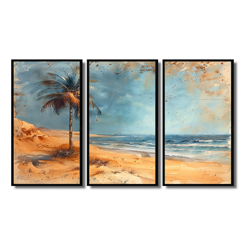 Salyer - Ensemble d'art mural palmiers et palmiers, H 28 po x l 36 po x P 1 po, Toile avec cadre flottant noir