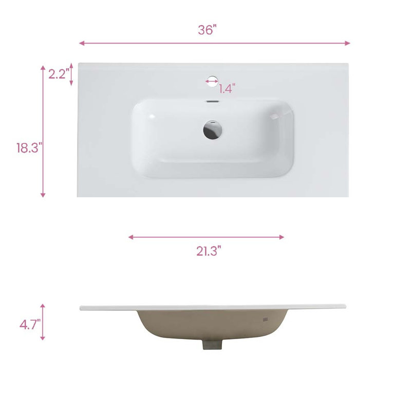 Lavabo de salle de bain rectangulaire encastré 36 po - Céramique blanche brillante avec 3 trous de robinet, conception moderne, facile à nettoyer, robinet et bonde non inclus