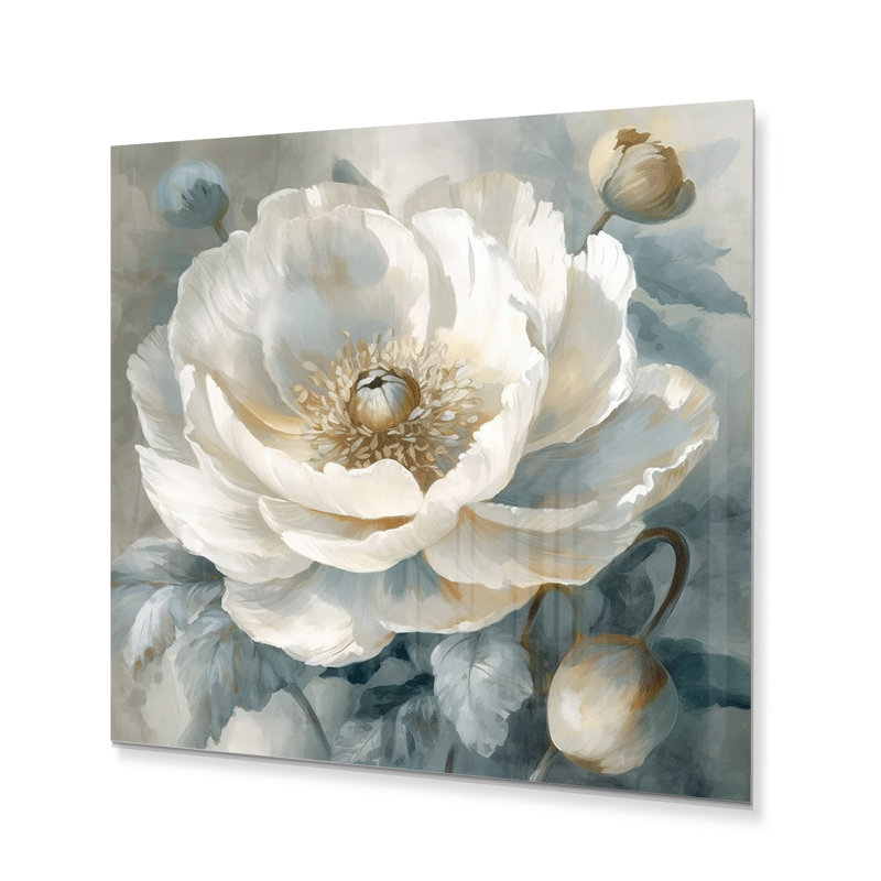 Décoration murale pivoines blanches et bleues - pivoine florale en métal, H 29 po x l 29 po x P 1 po