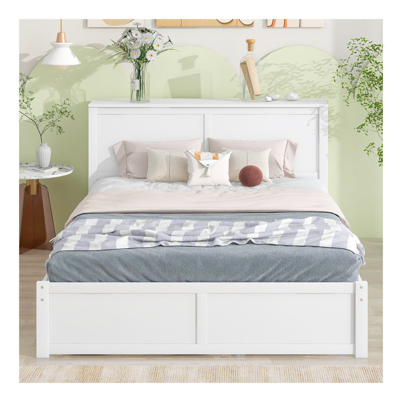 Grand lit plateforme avec rangement et tablettes gigognes TG, blanc