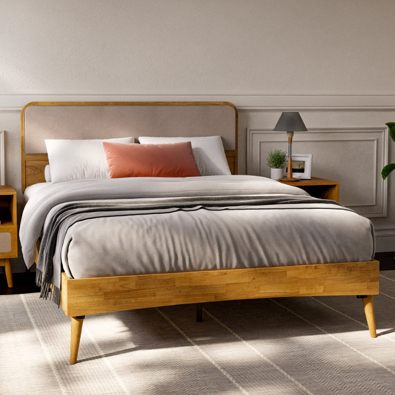 Calista Bed Frame with Fabric Panel Headboard, Teak Brown, Queen