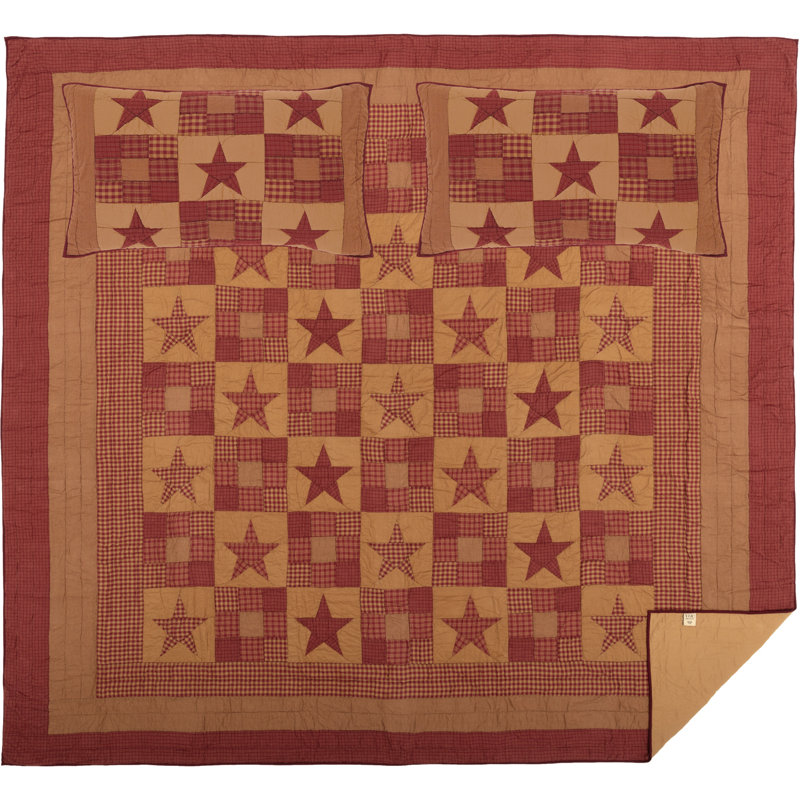 Ninepatch Star Cotton Patchwork Quilt, California King Quilt + 2 Shams